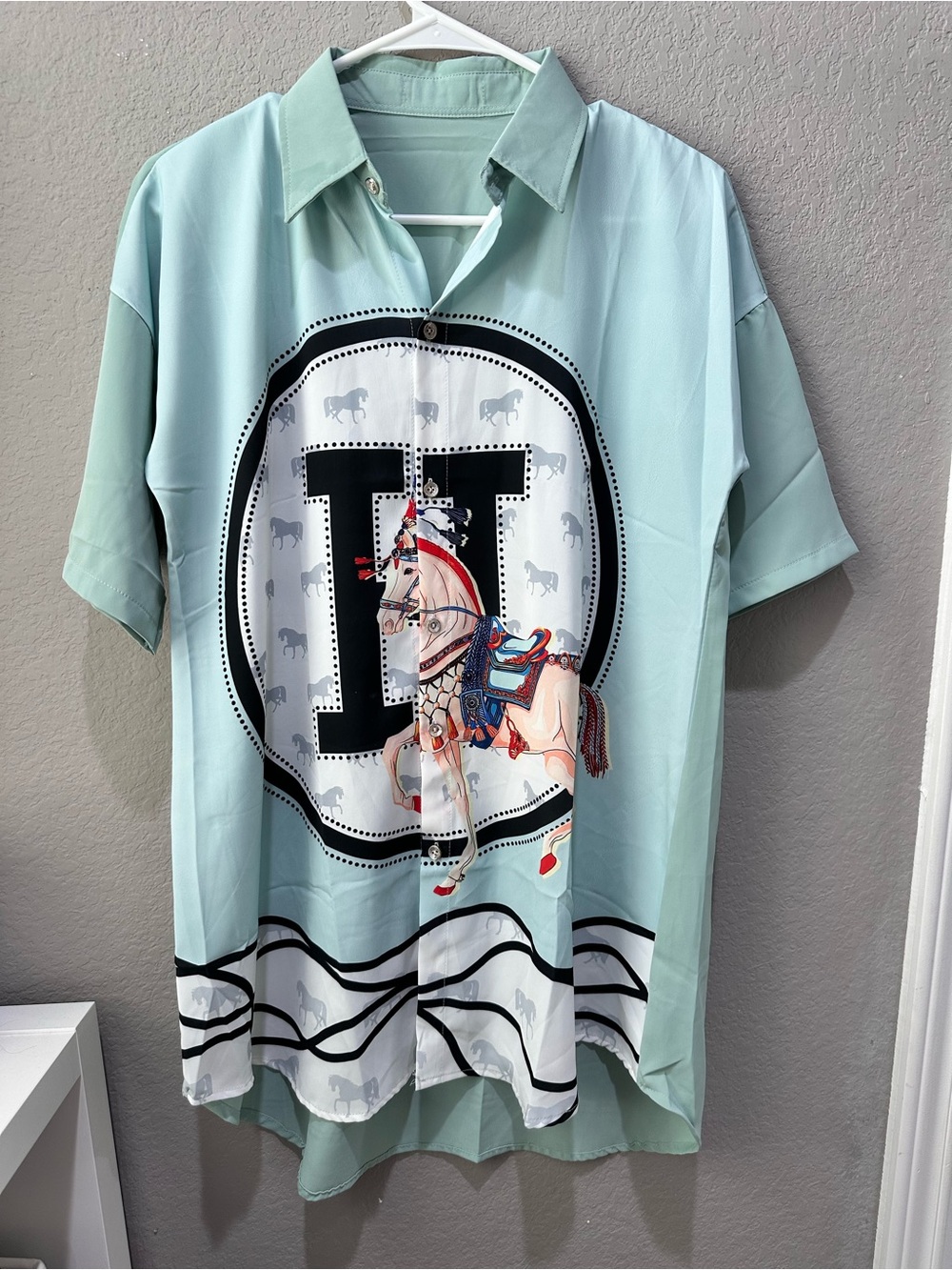 Oversized Mint Green Equestrian Horse Motif Button-Down Tunic Shirt Dress size L